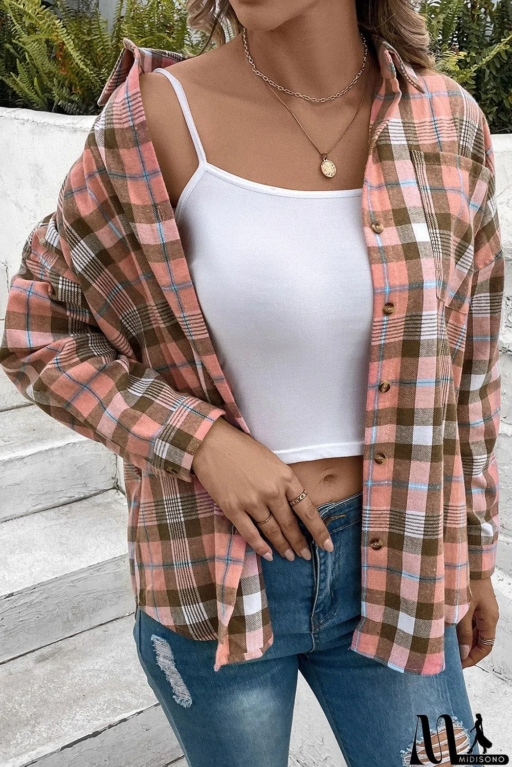 MidiSono - Plaid Collared Neck Long Sleeve Button-Up Shirt