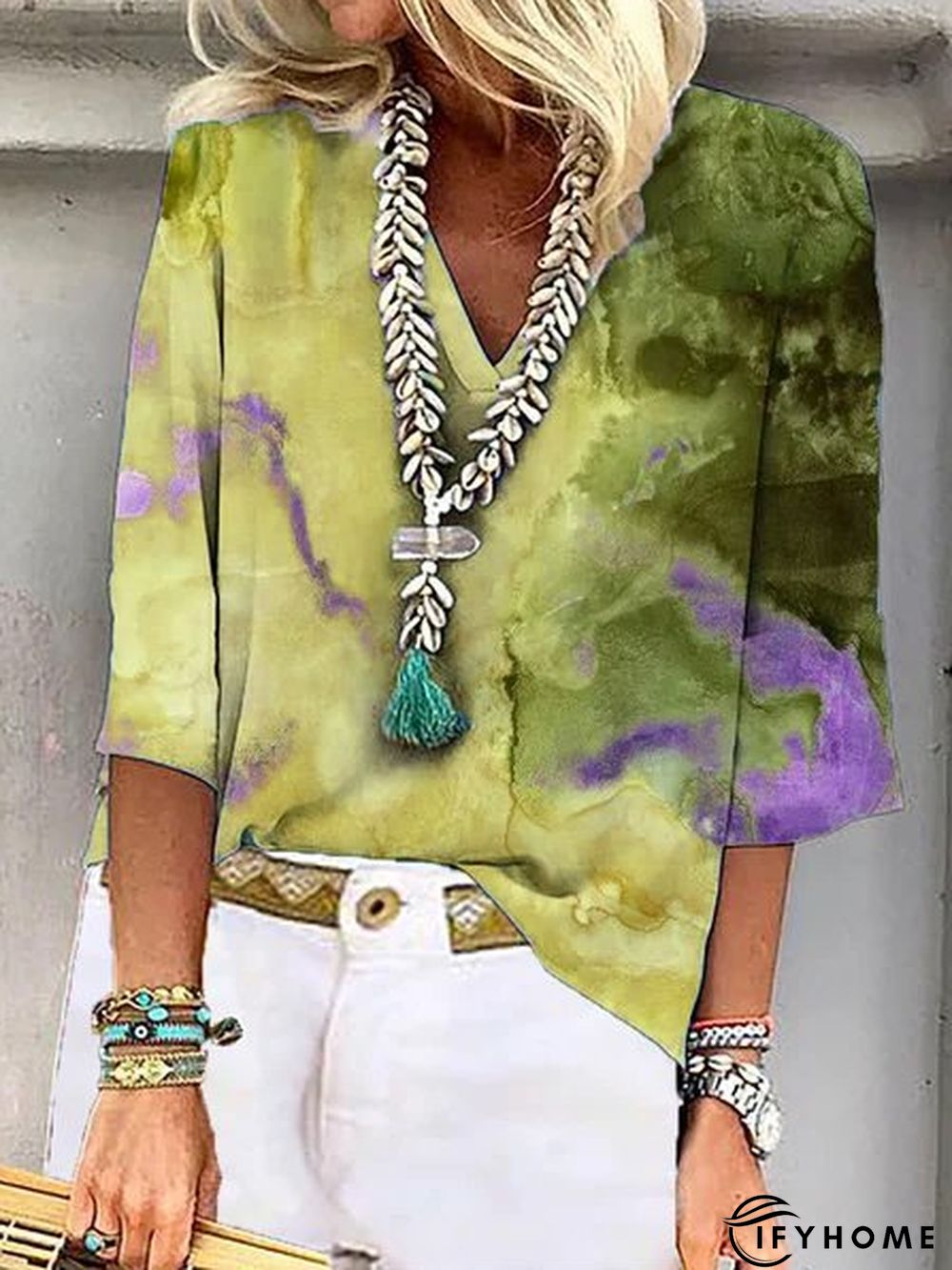 Casual V Neck Polyester Fibre Abstract Blouse | IFYHOME