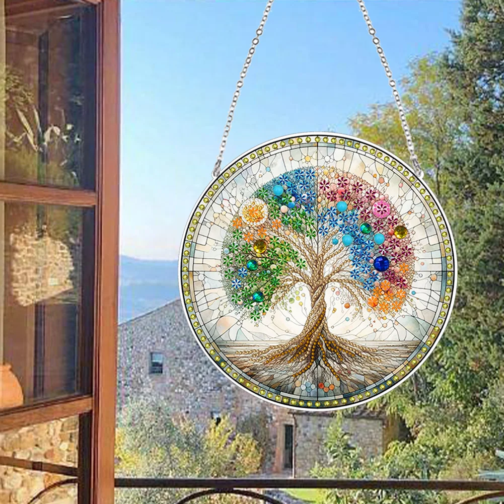 DIY Tree Stained Glass Acrylic Diamond Painting Hanging Pendant for Home Wall Decor