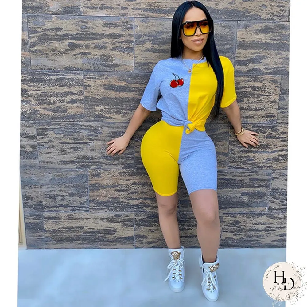 New Fashion Women Solid Sporting Casual Two Piece Set Short Sleeve Tee Top Biker Shorts