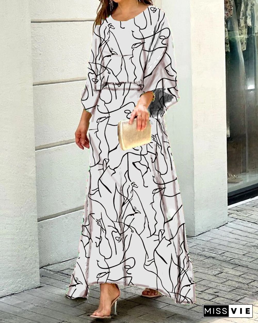 Summer New Loose Printed Maxi Dress Long-sleeved Top High-waisted Half-length Dress Suit Vestidos De Mujer