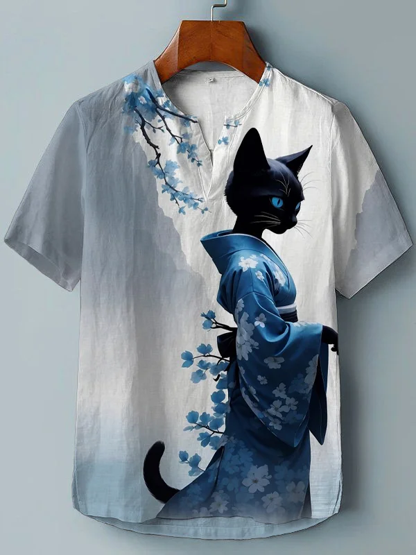 Women's Elegant Sakura Kimono Cat Art Print V Neck T-Shirt