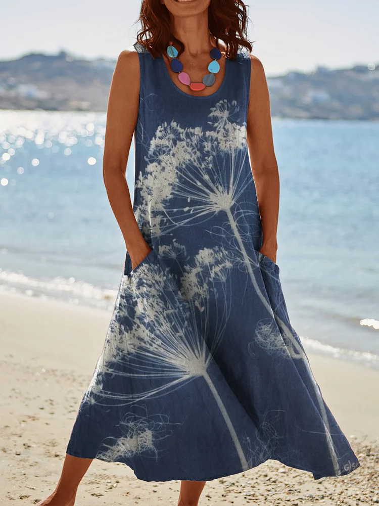 Womens Dandelion Print On Blue Background Pocket Pinafore Linen Dress socialshop