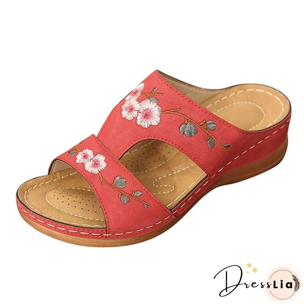 Woman Slippers Vintage Ethnic Flower Platform Flat Shoes Women Comfortable Casual Sandals