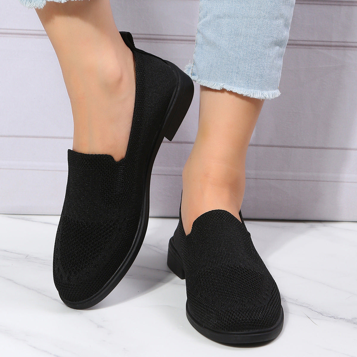 Women's flyknit slip on loafers shoes low heels breathable hollow knitted sneakers
