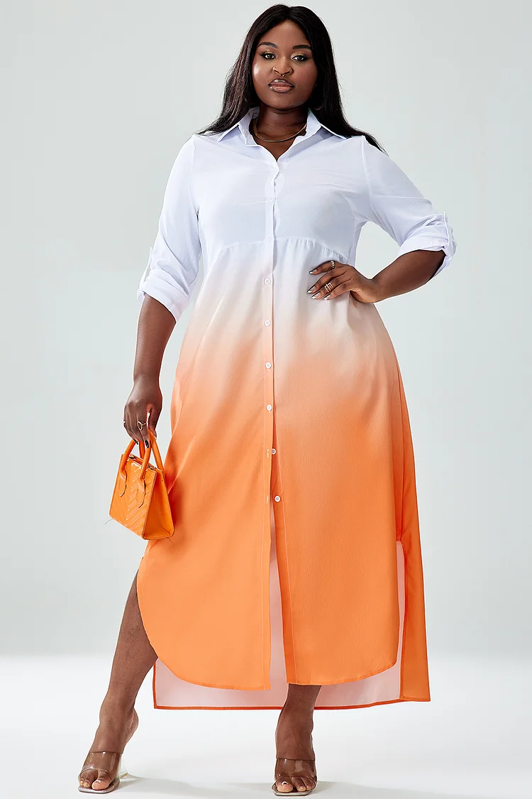 Xpluswear Design Plus Size Casual Dress Gradient Turnover Collar Split Long Sleeves Maxi Dresses