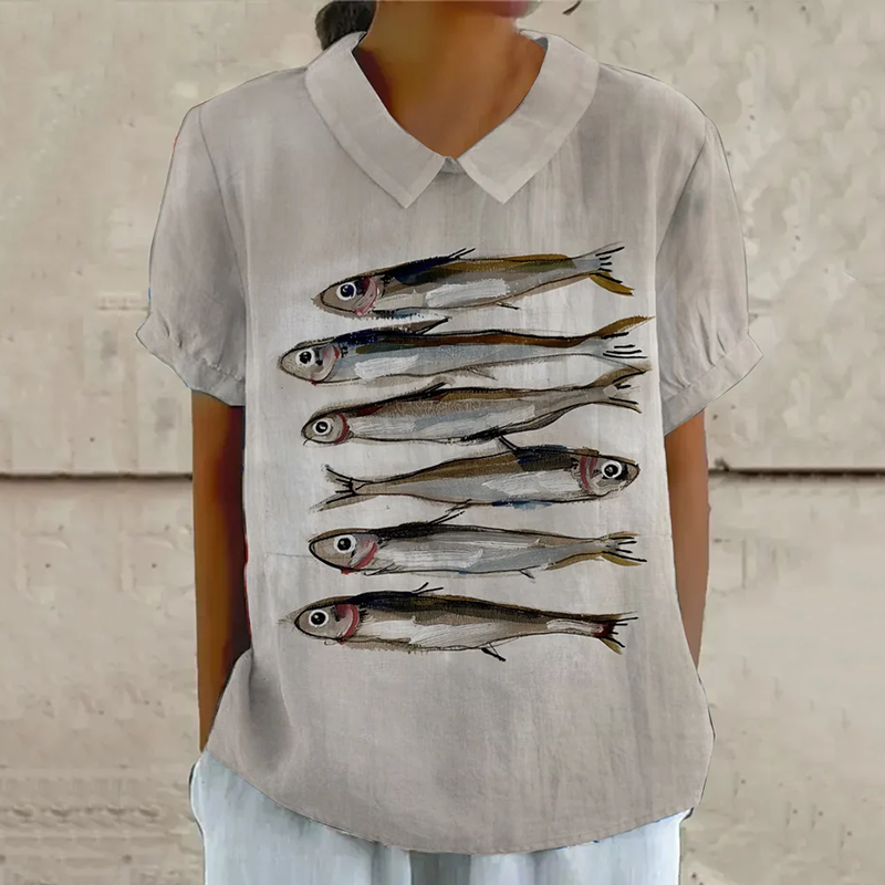 Vintage Fish Sardines Art Pattern Printed Casual Women's  Cotton Linen Shirt