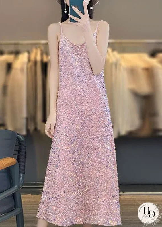 Novelty Pink V Neck Sequins Spaghetti Strap Dress Sleeveless