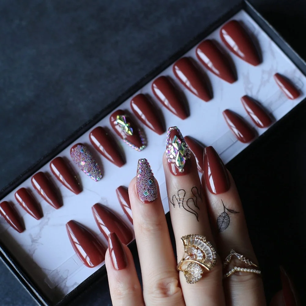 Short Ballet Coffee Advanced crystal design False nails Custom logo box Glossy Coffin Blair Fake nails Dark brown Gel