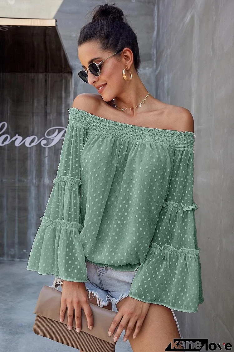 Green Swiss Dot Off The Shoulder Bell Sleeve Blouse