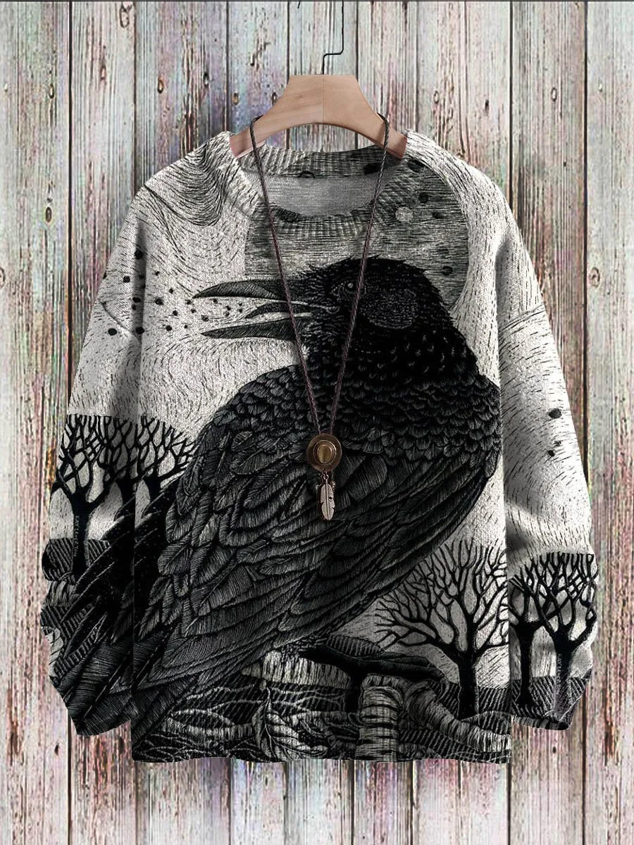 Raven Art Pattern Print Casual Knit Pullover Sweatshirt