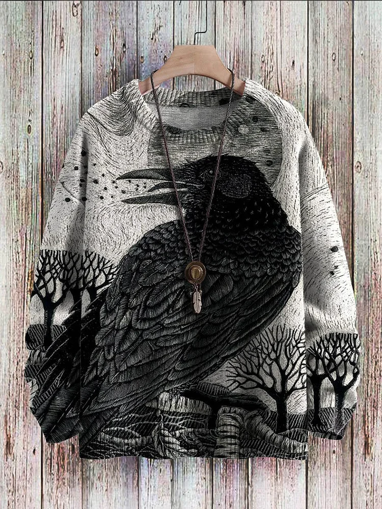 Halloween Raven Pattern Art Print Casual Knit Pullover Sweater