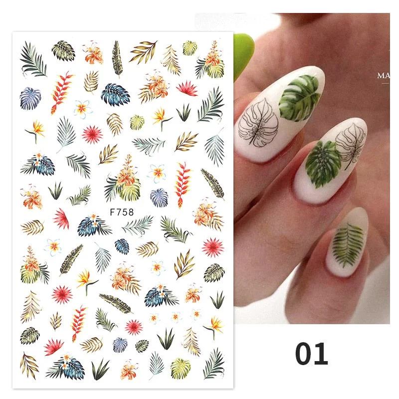3D Nail Stickers Fan Leaf Dried Flower Shiny Sliders Nail Art Decorations Lucky Clover Fashion Foil Manicures