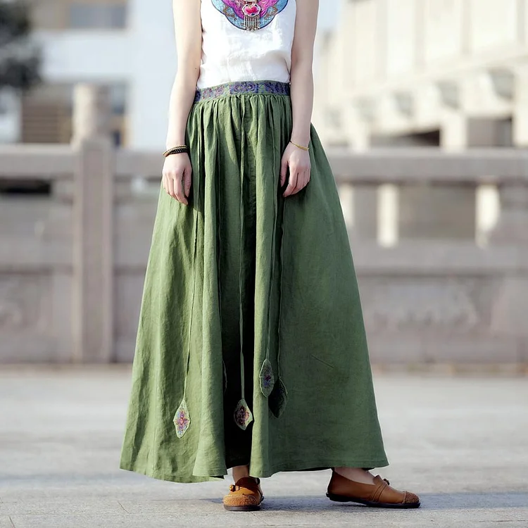 Cozy Ethnic Linen Tassel Embroidery Loose Skirt