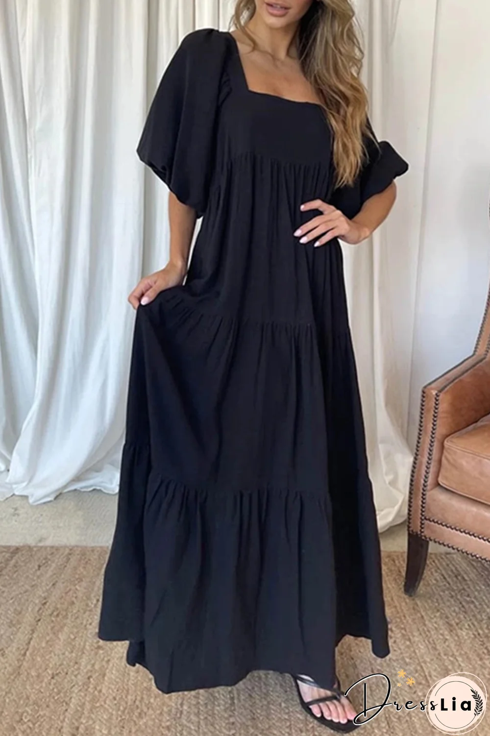 Elegant Solid Split Joint Flounce Square Collar A Line Dresses(3 Colors)