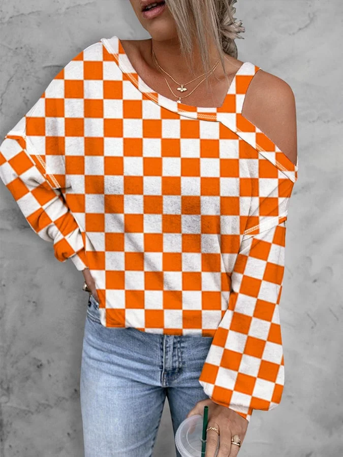 Women's Orange Plaid Cold Shoulder Asymmetrical Neck Shift Casual Long Sleeve Top