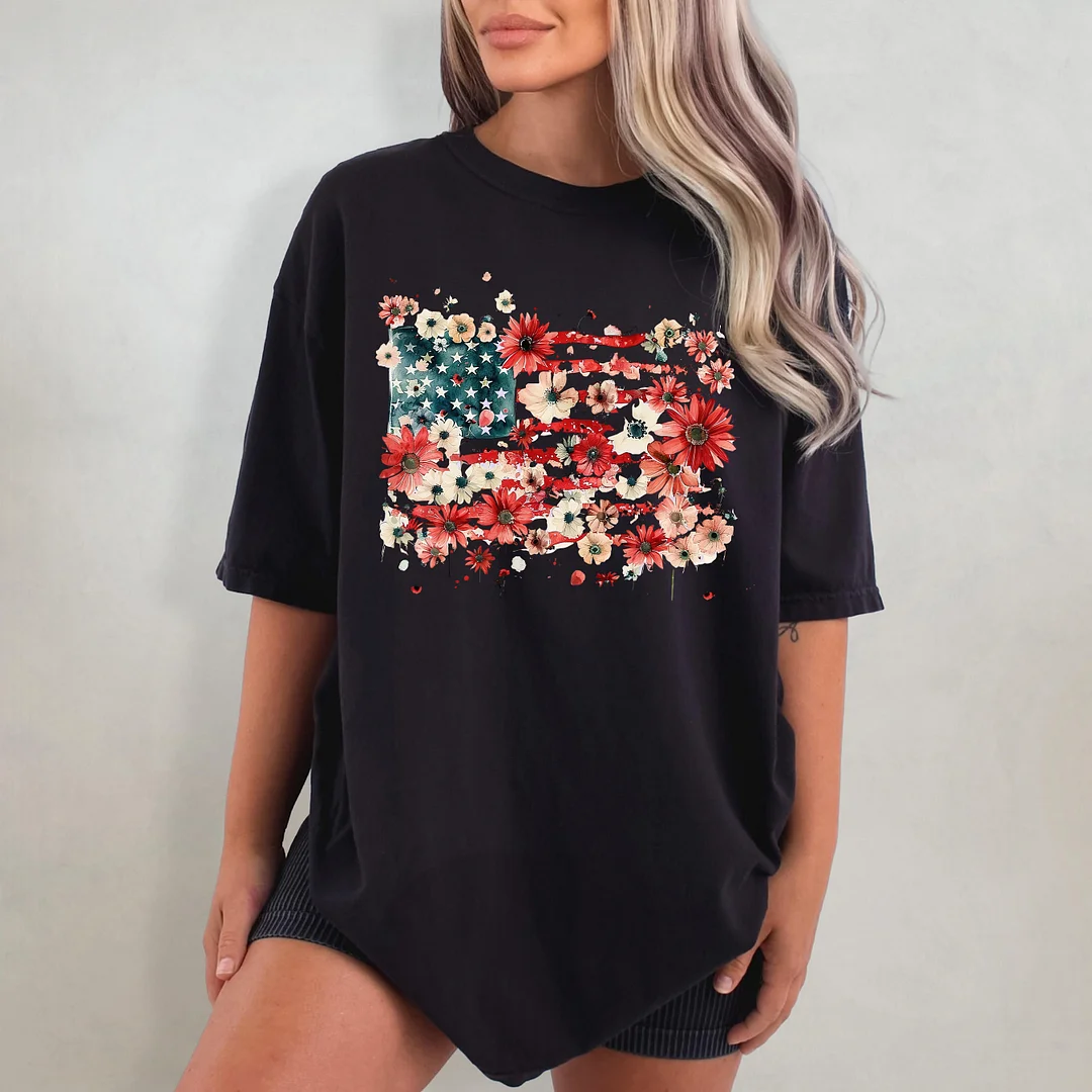 Floral American Flag 4th Of July T-shirt