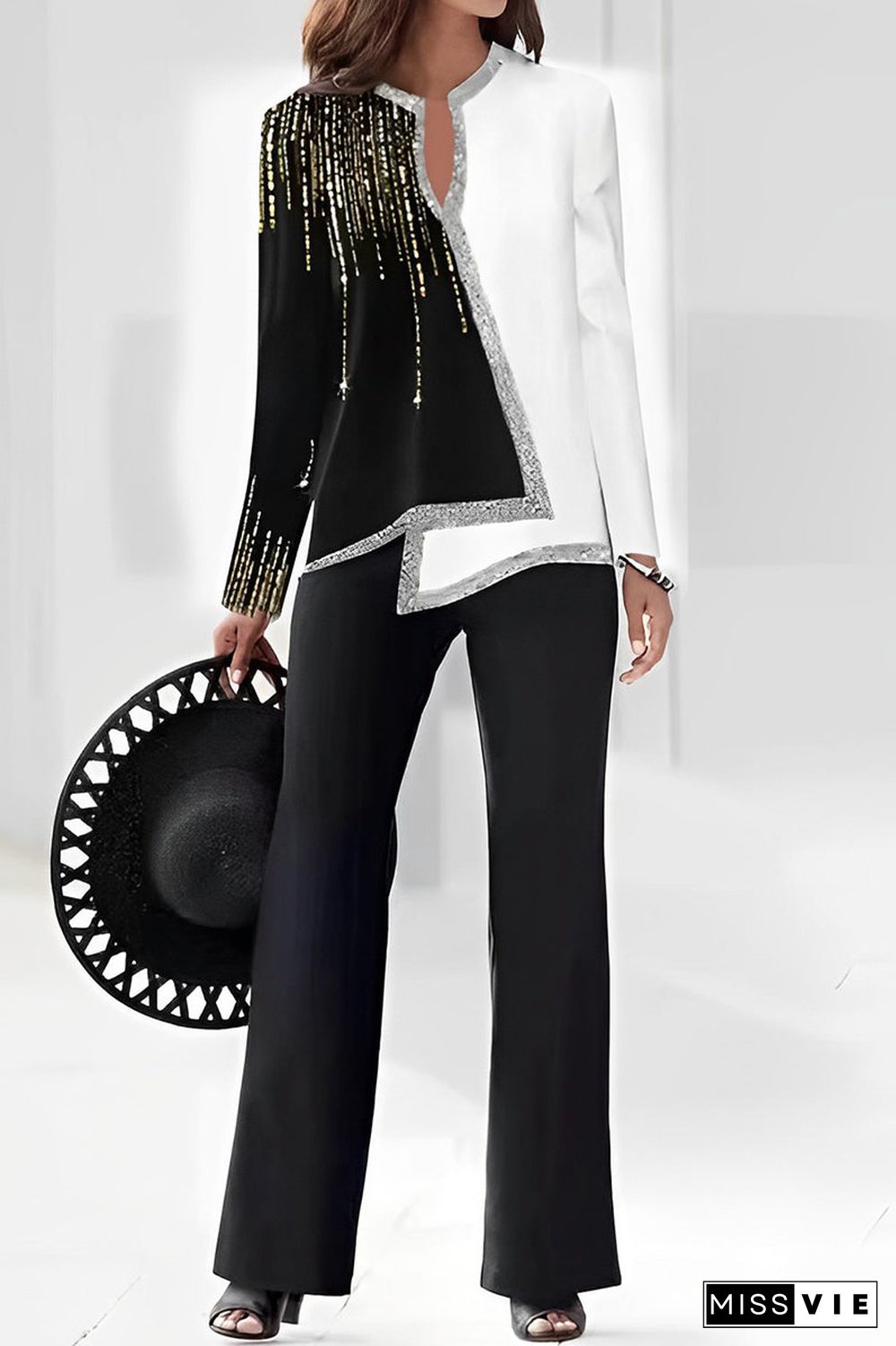 Casual Print Asymmetrical V Neck Long Sleeve Two Pieces
