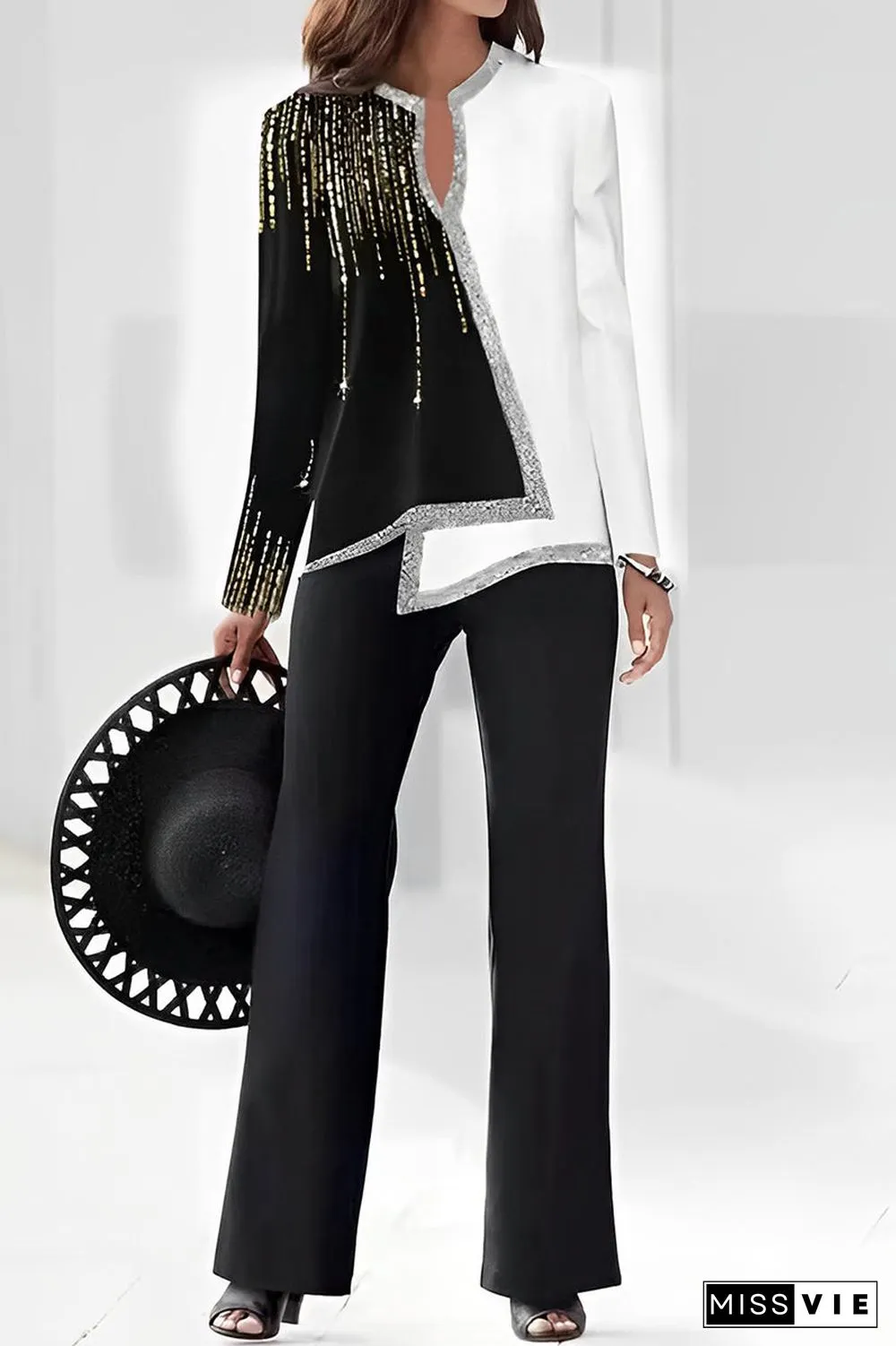 Casual Print Asymmetrical V Neck Long Sleeve Two Pieces
