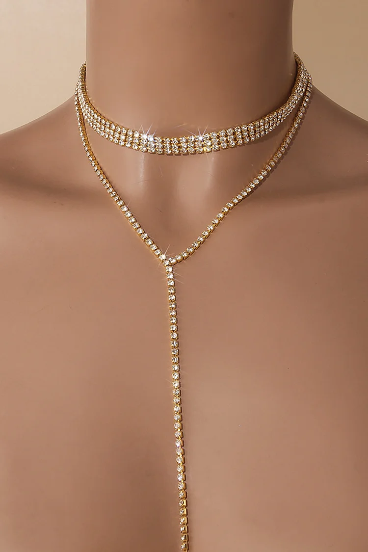 Simple Multi-Layered Rhinestone Tassel Necklace
