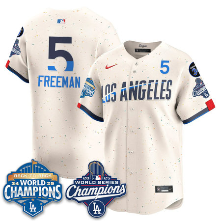 Youth Los Angeles Dodgers #5 Freddie Freeman Cream 2025 World Series Champions Jersey