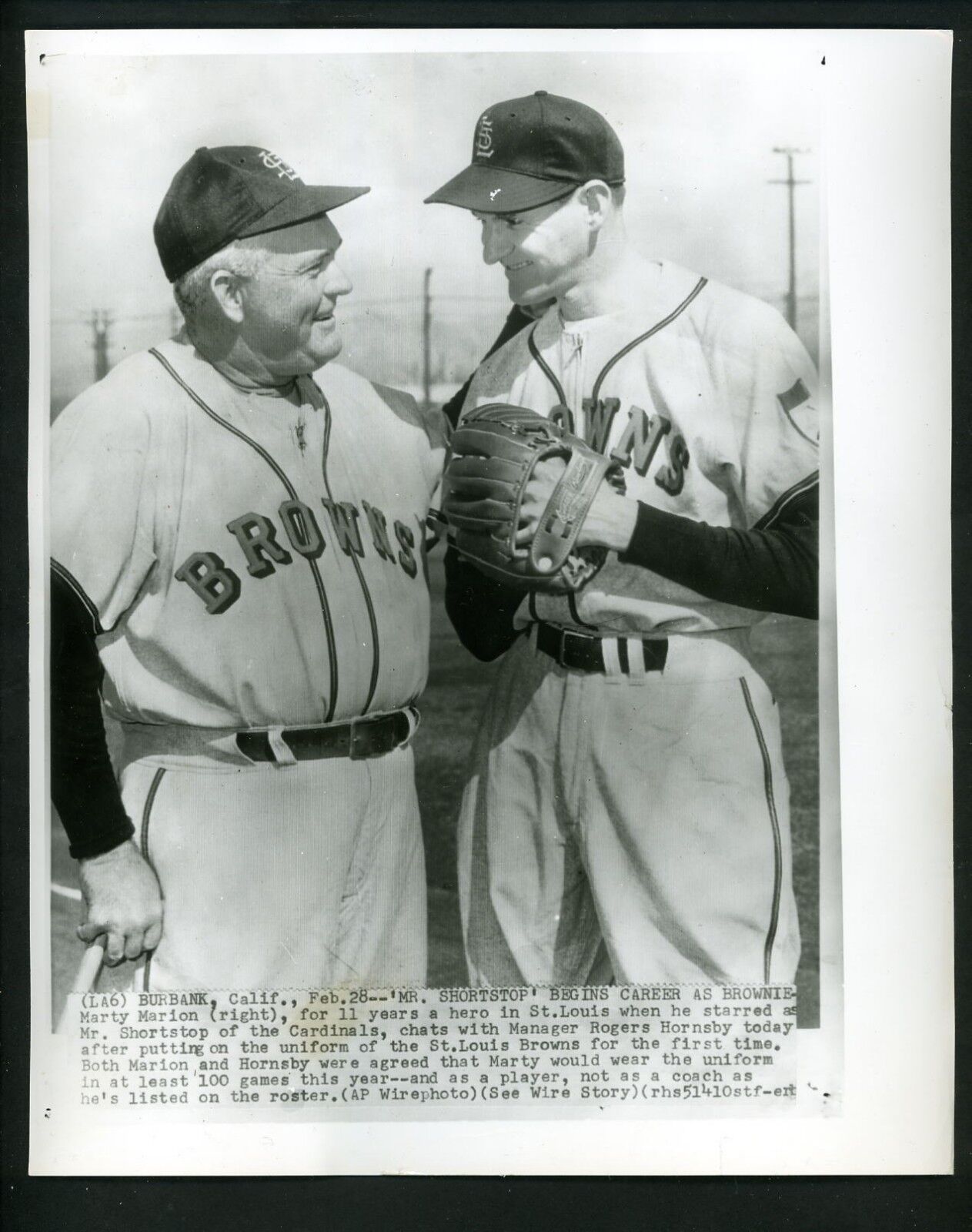 Rogers Hornsby & Marty Marion 1952 Press Photo Poster painting St. Louis Browns