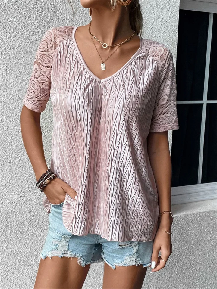 Fashion Ladies Splicing Lace V-neck Tops Short Sleeve Tops Women Pink S M L XL-Cosfine