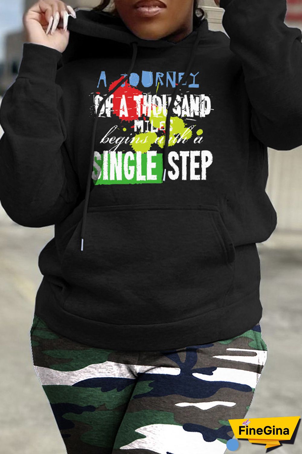 Black Casual Print Patchwork Basic Hooded Collar Tops