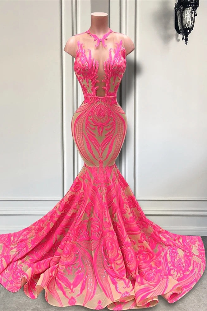 Classy Pink Sleeveless Mermaid Sequins Lace Evening Dress Long  - lulusllly