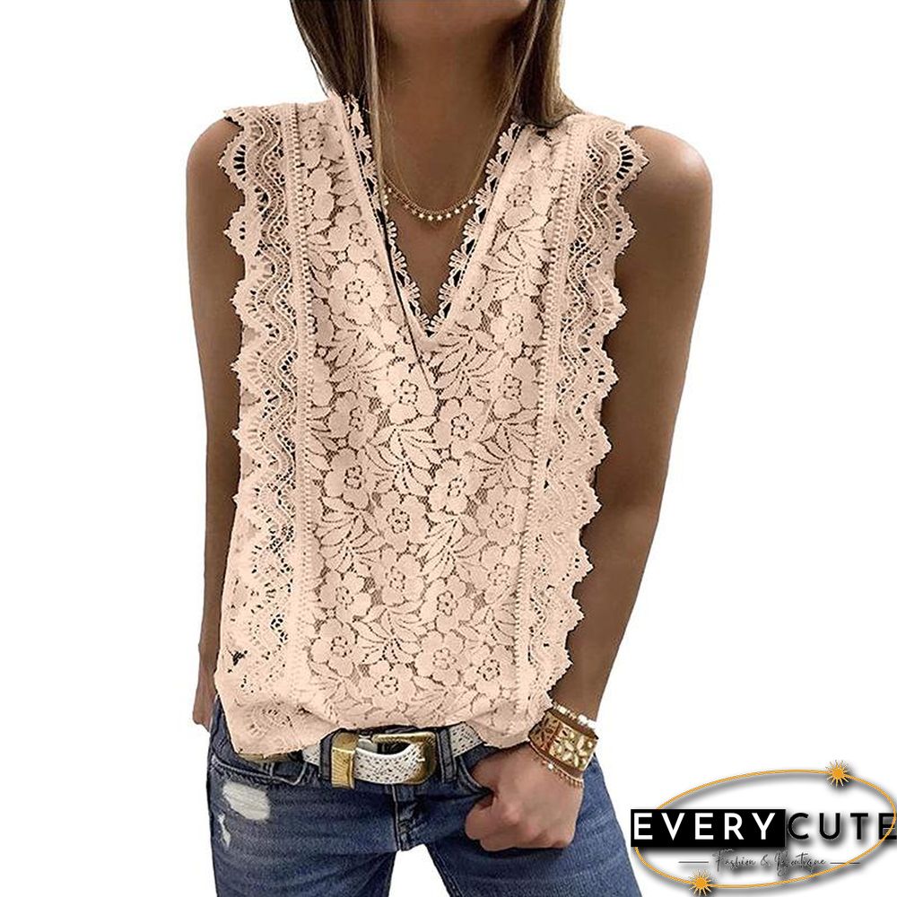 V Neck Ruffled Lace Hollow Shirt