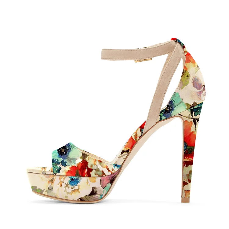 Khaki Foral heels Platform Sandals Stiletto Heels Ankle Strap Sandals |FSJ Shoes