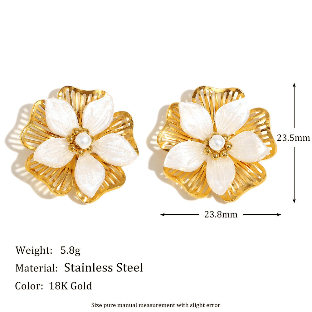 Retro And Fashionable Earrings Stainless Steel 18K Gold Plated Shell Flower Double-Layer Earrings