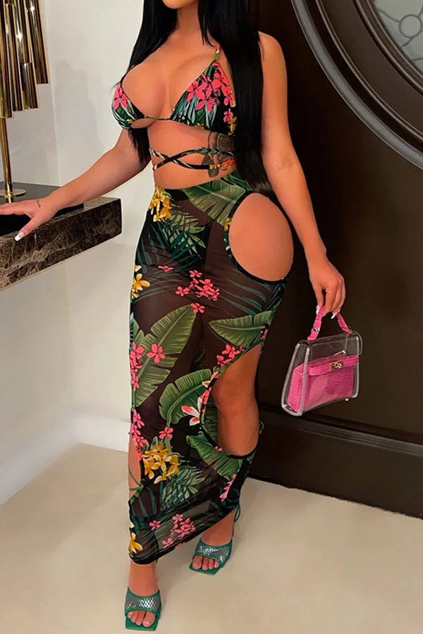 Floral Print Tropical Strappy Cutout Three Pieces