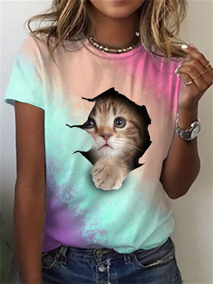 Women's Tops Cat 3D Print Women's Short-sleeved T-shirt Round Neck Colorful Pattern