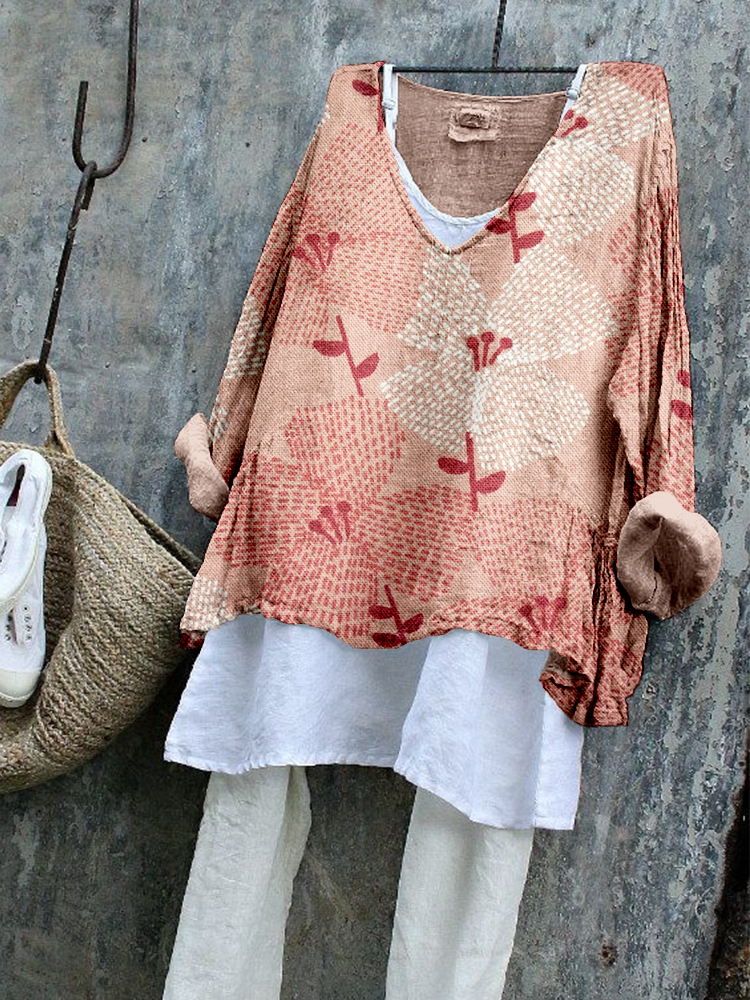 Comstylish Vintage Floral Pattern Linen Blend Flowy Tunic