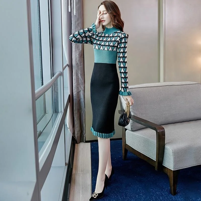 Knit Love Print Sweater Dress Autumn Winter For Women Lady Vintage Slim Dress Female Half Turtleneck Patchwork Bodycon Dress