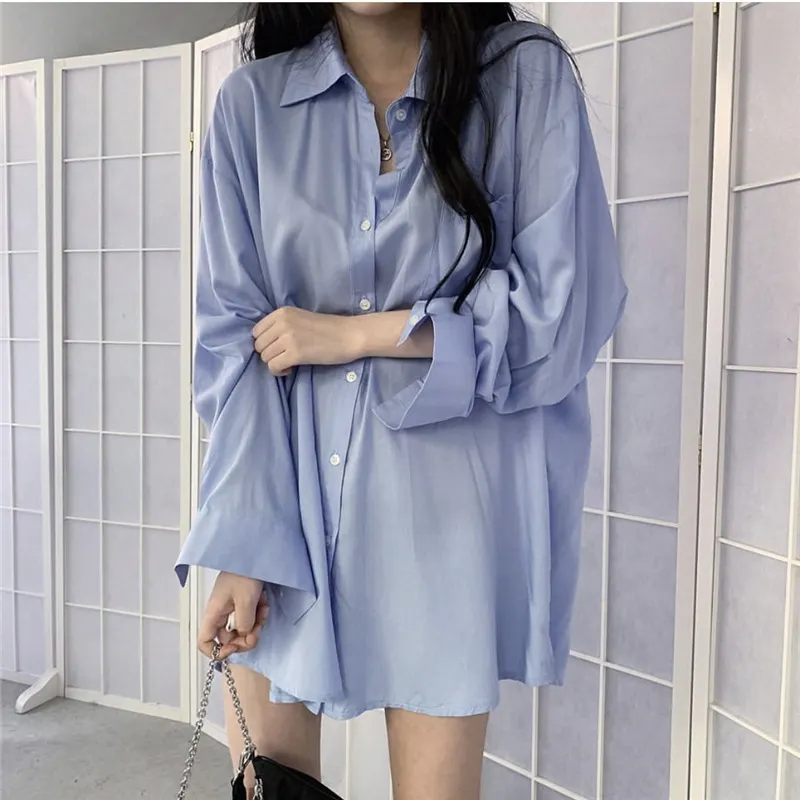 Uveng Uveng Korean Chic Sunscreen Shirt Women Solid Silk Slip Feeling Loose Long-Sleeved Shirt Jacket