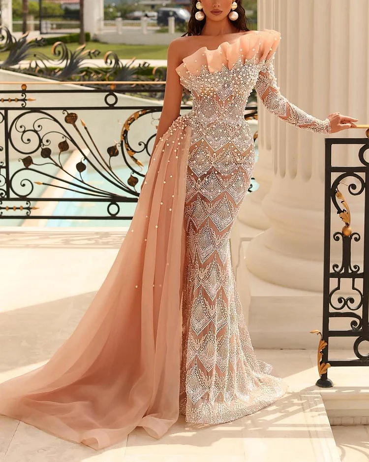 Elegant Beaded Sequin Tail Dress Gown