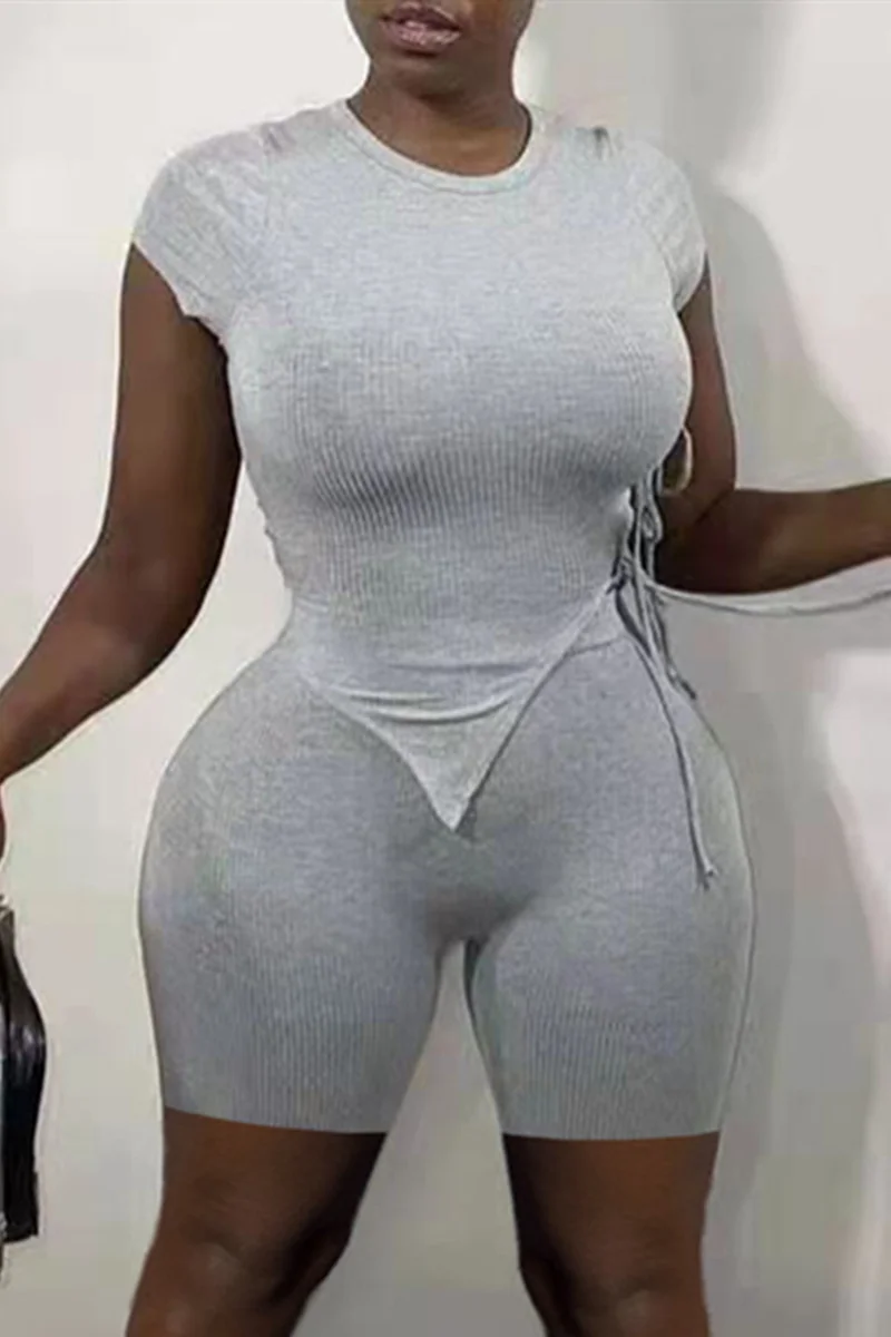 Grey Fashion Casual Solid Asymmetrical O Neck Short Sleeve Two Pieces | EGEMISS