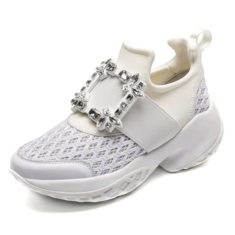 Women Sneakers Rhinestone Square Buckle Shallow Round Toe Slip-on Female Shoes Flat Platform Casual Breathable Mesh Buty Damskie