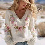 Bohemian Style Floral Embroidery Women's V-neck Knitted Sweater - Image 2
