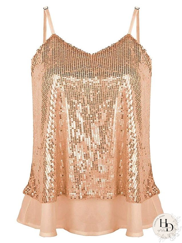Camisole Tank Top Vest Black White Yellow Sparkly Sequins Layered Sleeveless Stage Streetwear Sexy V Neck Regular S for Women