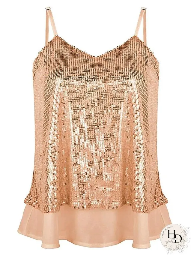 Camisole Tank Top Vest Black White Yellow Sparkly Sequins Layered Sleeveless Stage Streetwear Sexy V Neck Regular S for Women
