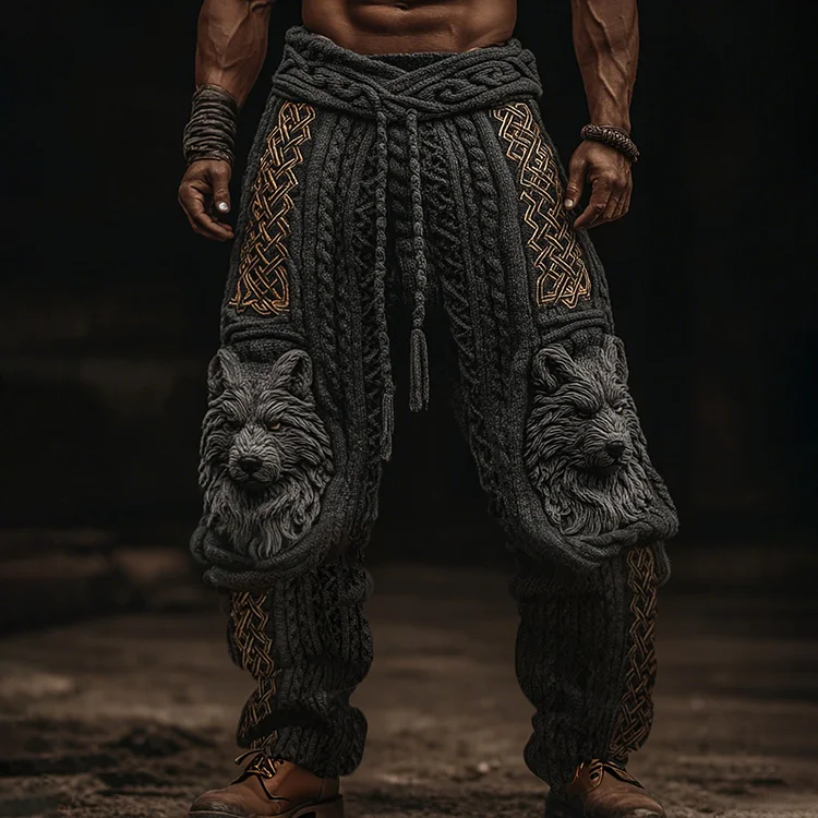 Men's Vintage Viking Wolf Celtic Knot Cozy Chunky Knit Sweatpants