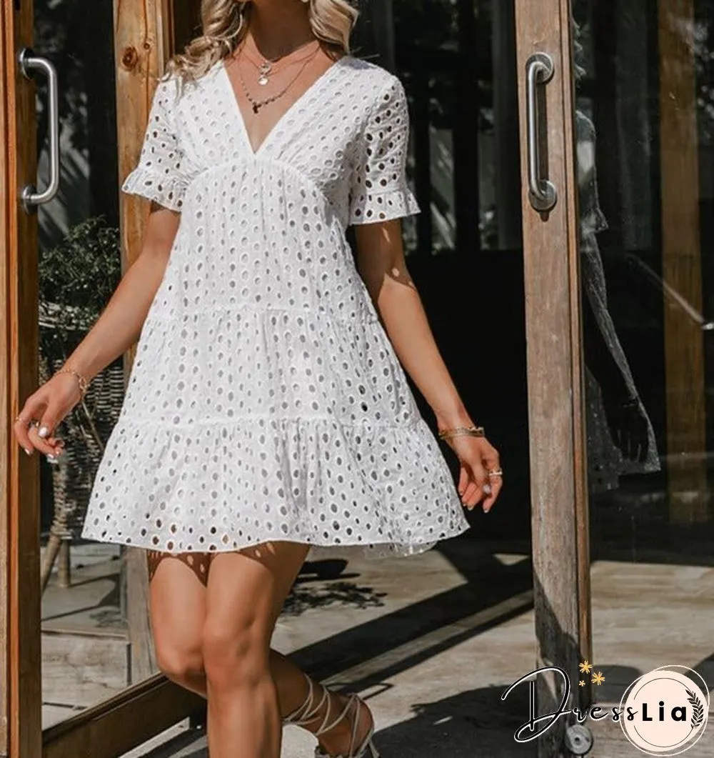 Sexy v-neck lace stitching white dress summer new Short-sleeved solid women casual Fashion
