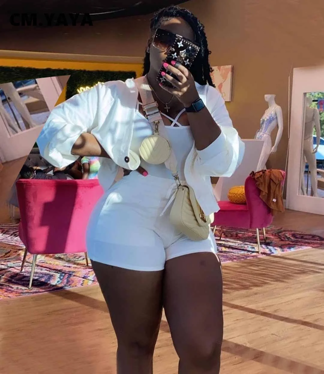 CM.YAYA Women Two 2 Piece Set Button Up Tops and Shorts Matching Set Outfits Elegant Classic Solid Autumn Tracksuit Sweatsuit