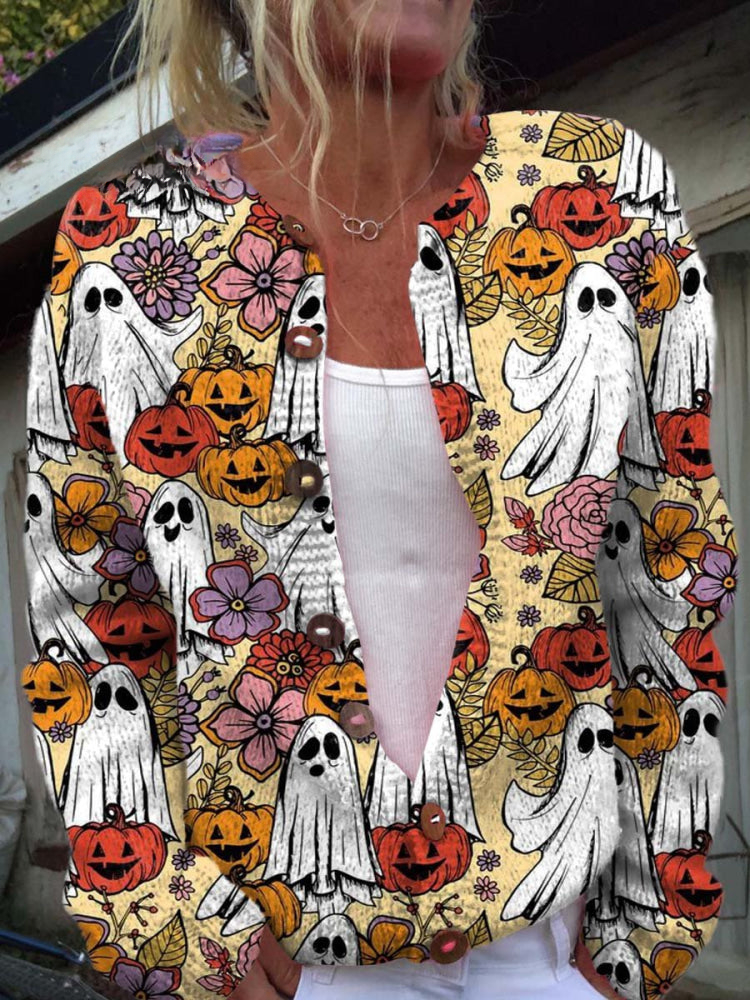 Women's Vintage Lovely Ghost Pumpkin Halloween Art Print Buttoned Cardigan Sweater