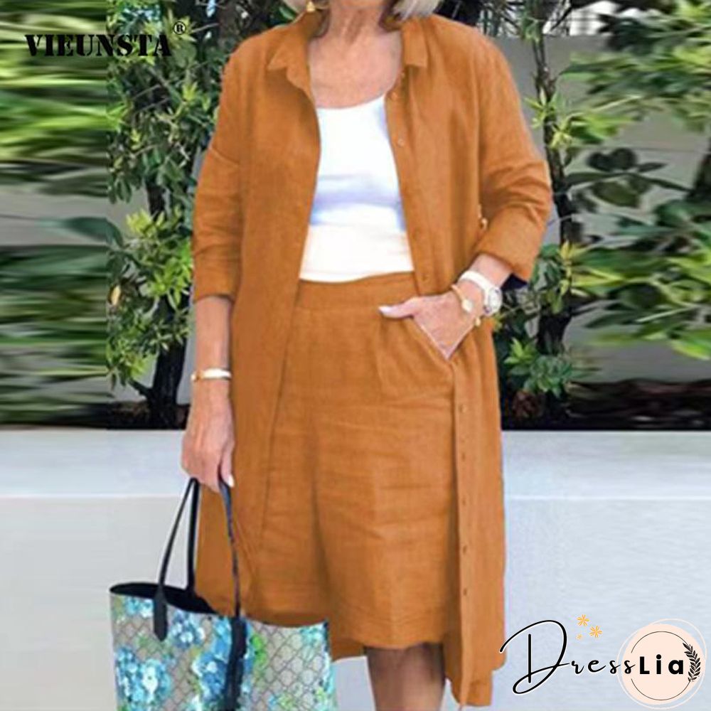 Cotton Linen Women 2Pcs Set Outfits Autumn Fashion Solid Loose  Casual Button Long Shirt Jacket+Straight Knee Shorts Suits Mujer