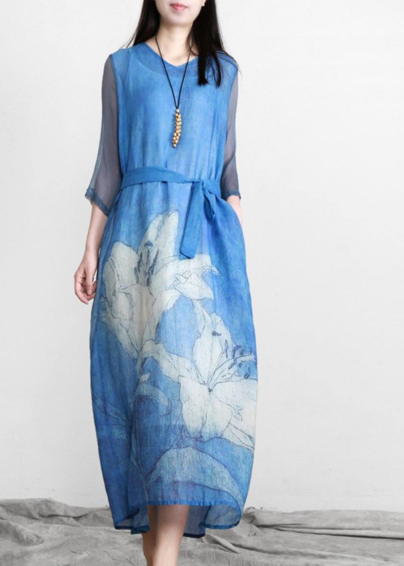 VCSHOES Blue Print Linen Tunic Patchwork Dress