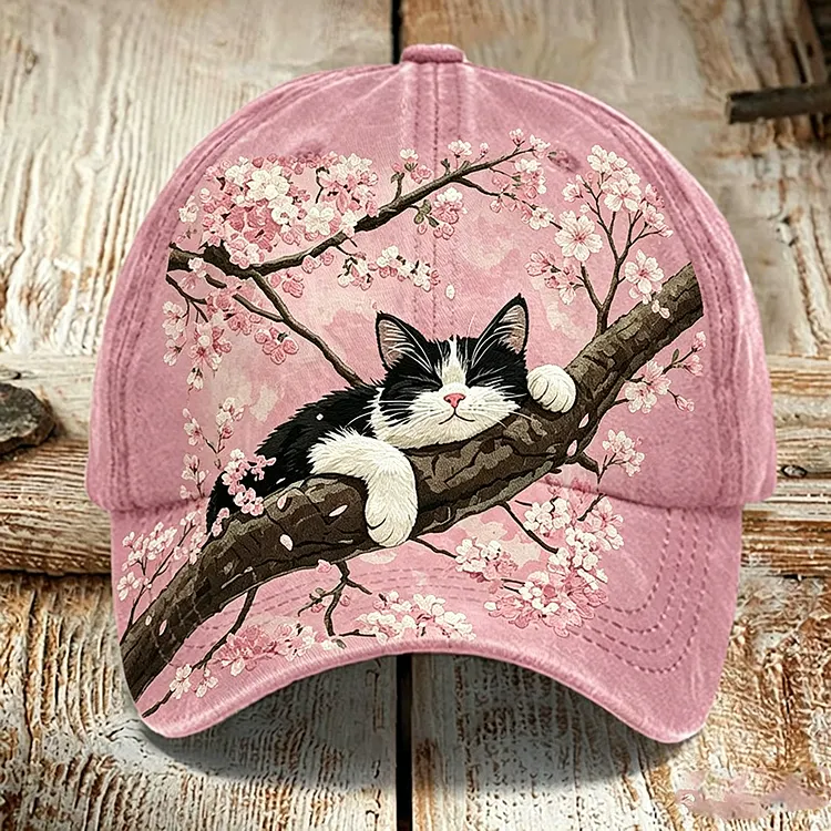 Cat Lying On Tree Trunk Casual Pink Baseball Cap